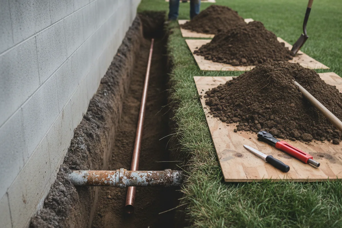 Excavated water line trench during Water Heater Repair in Freehold